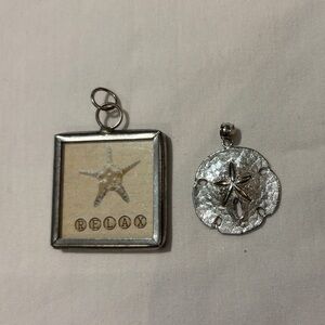 Silver Tone Sand Dollar & Reversible Square Pendant Set - Neutral Tones